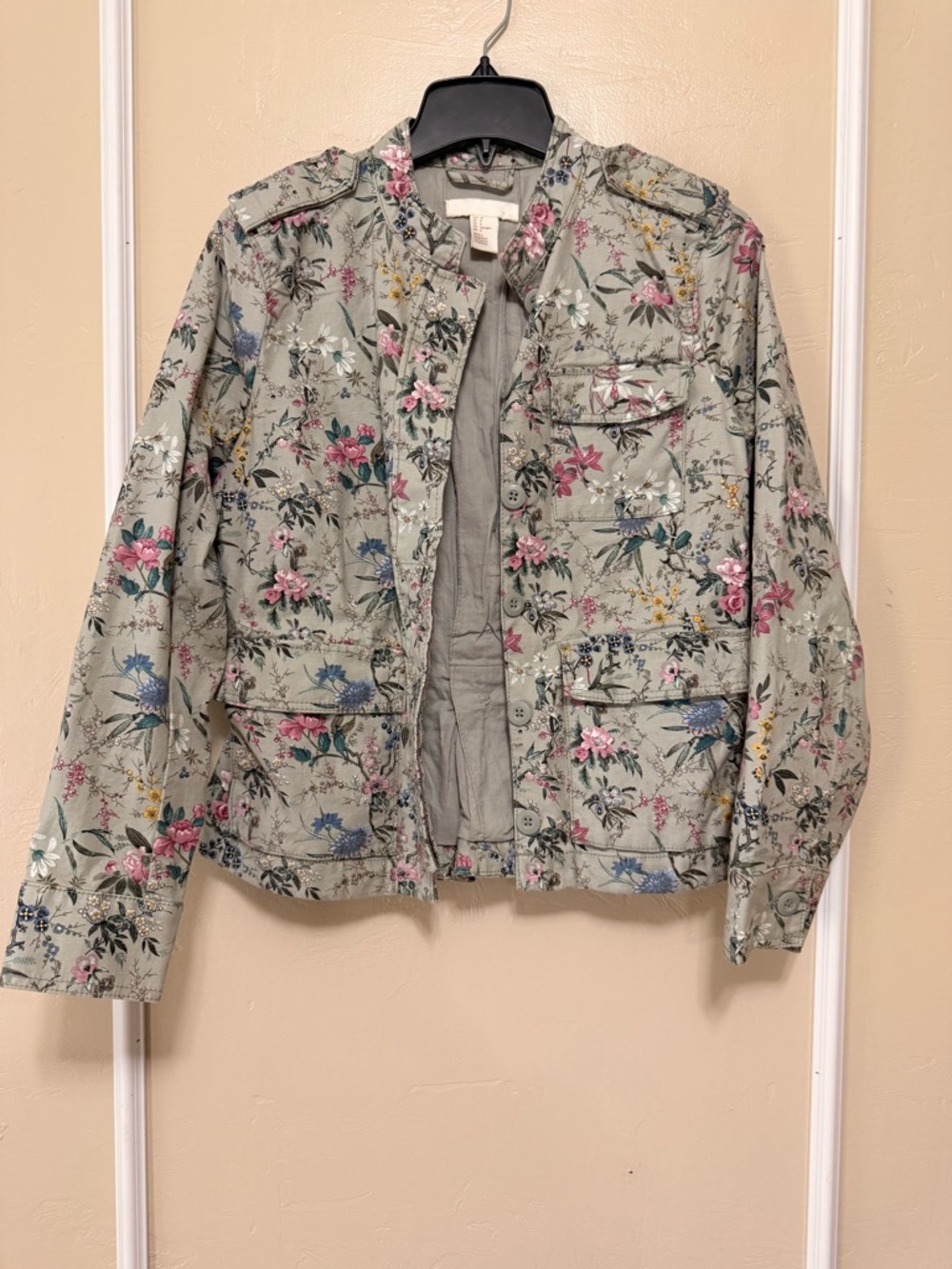 H&M Floral Utility Jacket in Sage Green with Pink & Blue Blooms